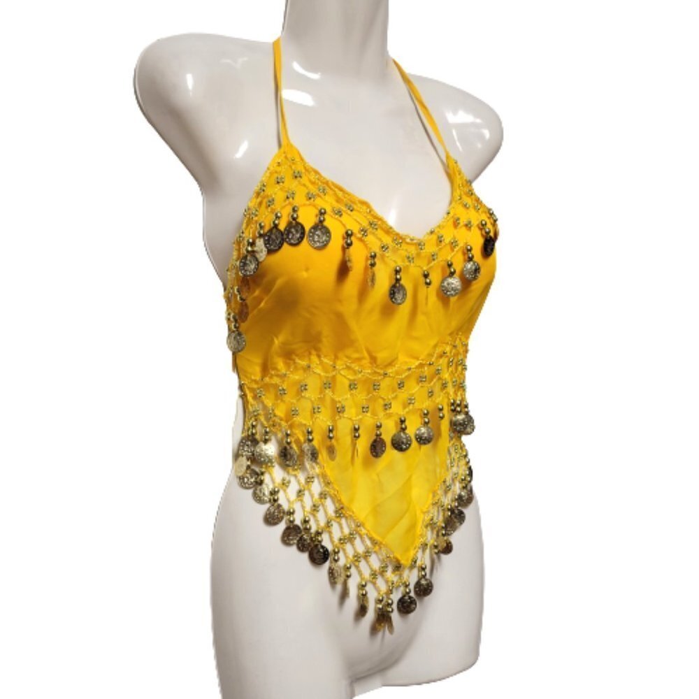 Yellow Belly Dancing Top Crocheted with Gold Beads Coins Halter Crop Top
